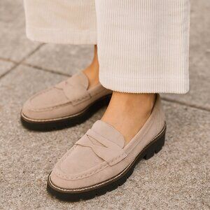 House Of Harlow 1960 SZ 9 Gunner Suede Penny Loafer With Lug Sole Light Taupe